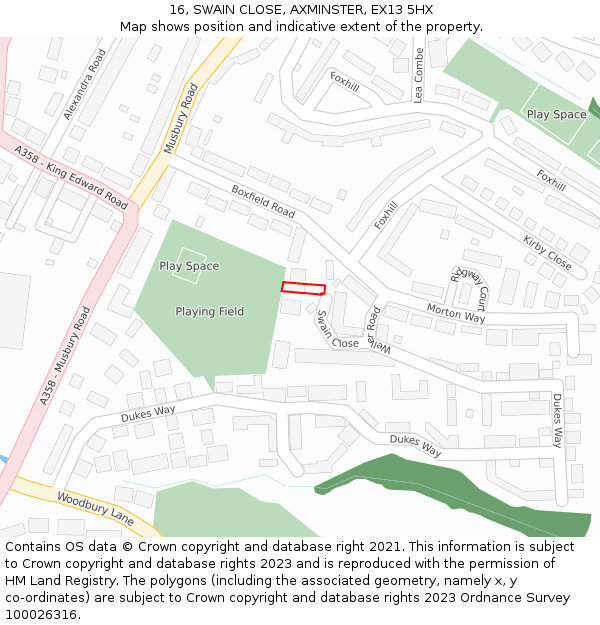 16, SWAIN CLOSE, AXMINSTER, EX13 5HX: Location map and indicative extent of plot