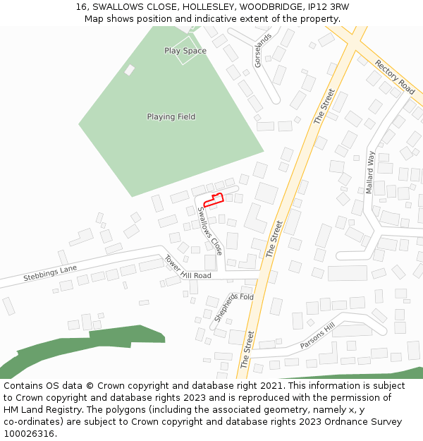 16, SWALLOWS CLOSE, HOLLESLEY, WOODBRIDGE, IP12 3RW: Location map and indicative extent of plot