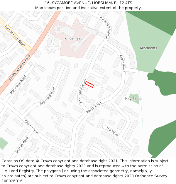 16, SYCAMORE AVENUE, HORSHAM, RH12 4TS: Location map and indicative extent of plot