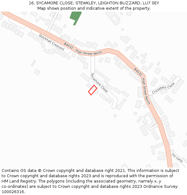 16, SYCAMORE CLOSE, STEWKLEY, LEIGHTON BUZZARD, LU7 0EY: Location map and indicative extent of plot