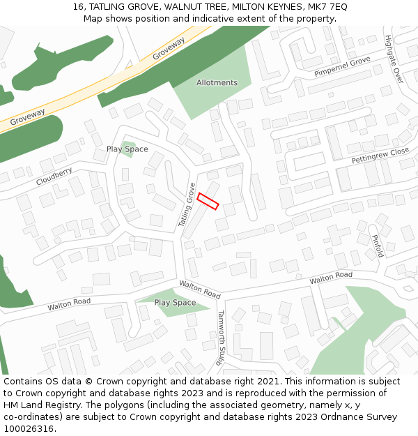 16, TATLING GROVE, WALNUT TREE, MILTON KEYNES, MK7 7EQ: Location map and indicative extent of plot