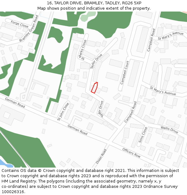 16, TAYLOR DRIVE, BRAMLEY, TADLEY, RG26 5XP: Location map and indicative extent of plot