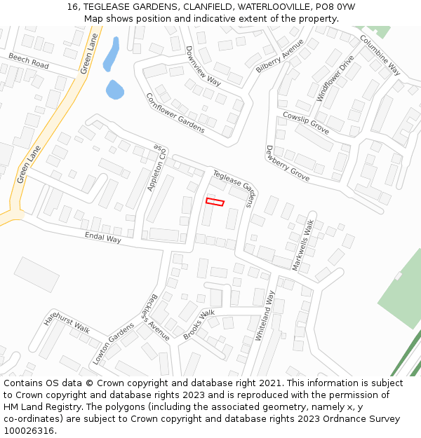 16, TEGLEASE GARDENS, CLANFIELD, WATERLOOVILLE, PO8 0YW: Location map and indicative extent of plot