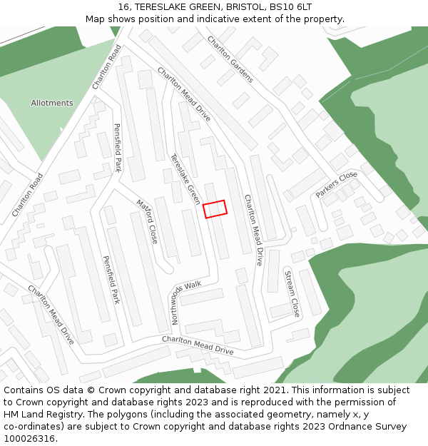 16, TERESLAKE GREEN, BRISTOL, BS10 6LT: Location map and indicative extent of plot