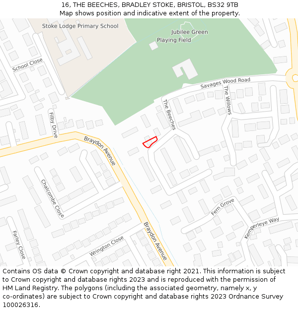 16, THE BEECHES, BRADLEY STOKE, BRISTOL, BS32 9TB: Location map and indicative extent of plot