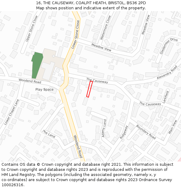 16, THE CAUSEWAY, COALPIT HEATH, BRISTOL, BS36 2PD: Location map and indicative extent of plot