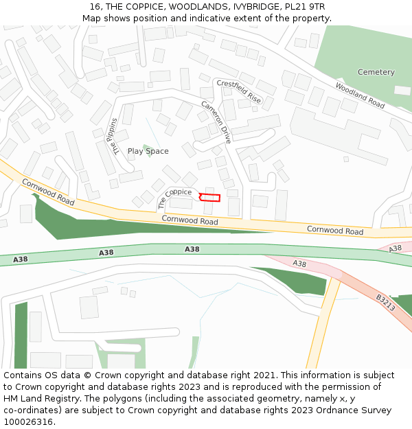 16, THE COPPICE, WOODLANDS, IVYBRIDGE, PL21 9TR: Location map and indicative extent of plot