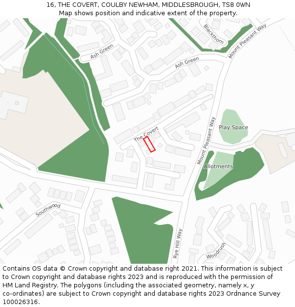 16, THE COVERT, COULBY NEWHAM, MIDDLESBROUGH, TS8 0WN: Location map and indicative extent of plot