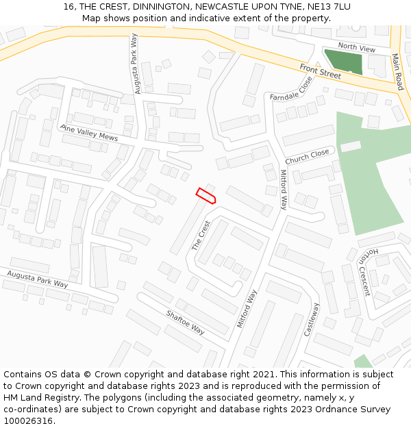 16, THE CREST, DINNINGTON, NEWCASTLE UPON TYNE, NE13 7LU: Location map and indicative extent of plot