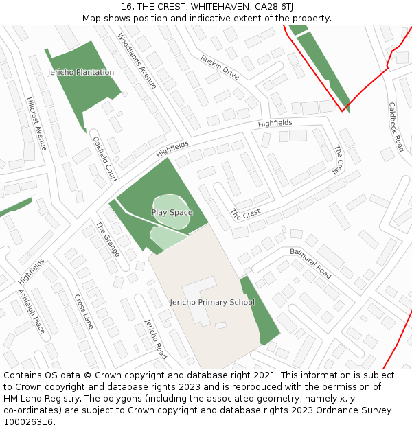 16, THE CREST, WHITEHAVEN, CA28 6TJ: Location map and indicative extent of plot