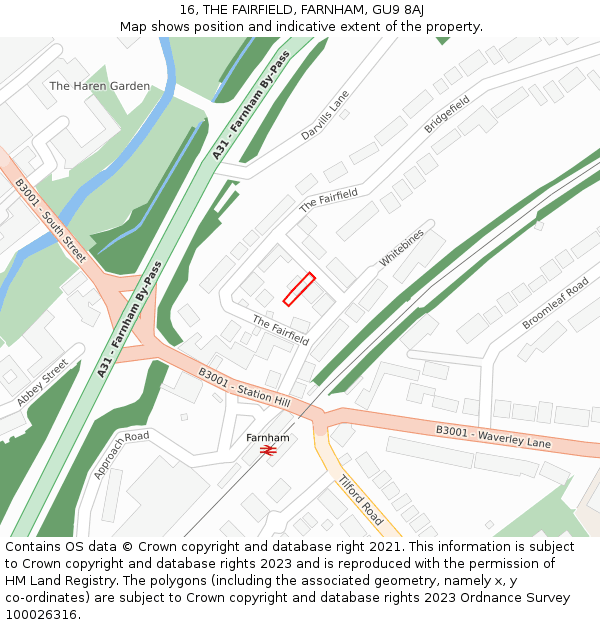 16, THE FAIRFIELD, FARNHAM, GU9 8AJ: Location map and indicative extent of plot