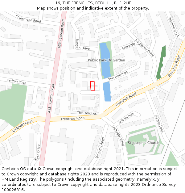 16, THE FRENCHES, REDHILL, RH1 2HF: Location map and indicative extent of plot