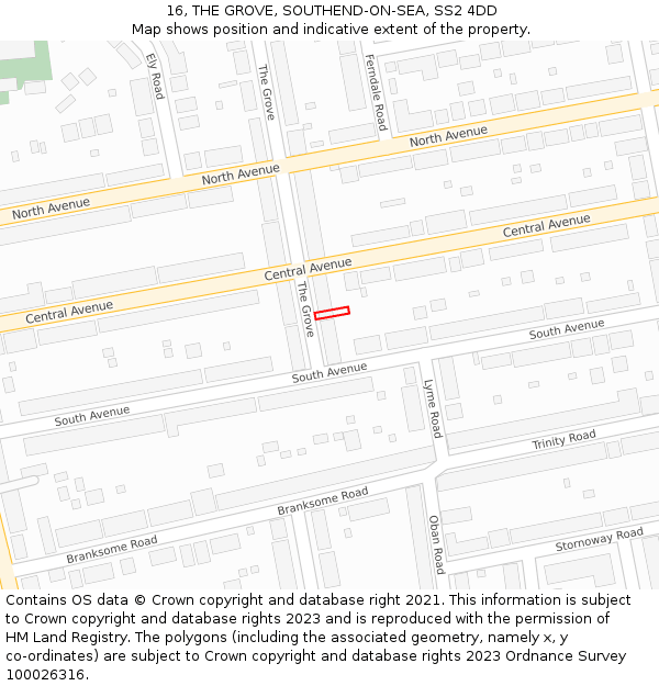 16, THE GROVE, SOUTHEND-ON-SEA, SS2 4DD: Location map and indicative extent of plot