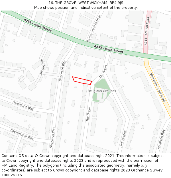 16, THE GROVE, WEST WICKHAM, BR4 9JS: Location map and indicative extent of plot