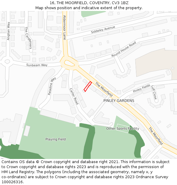 16, THE MOORFIELD, COVENTRY, CV3 1BZ: Location map and indicative extent of plot