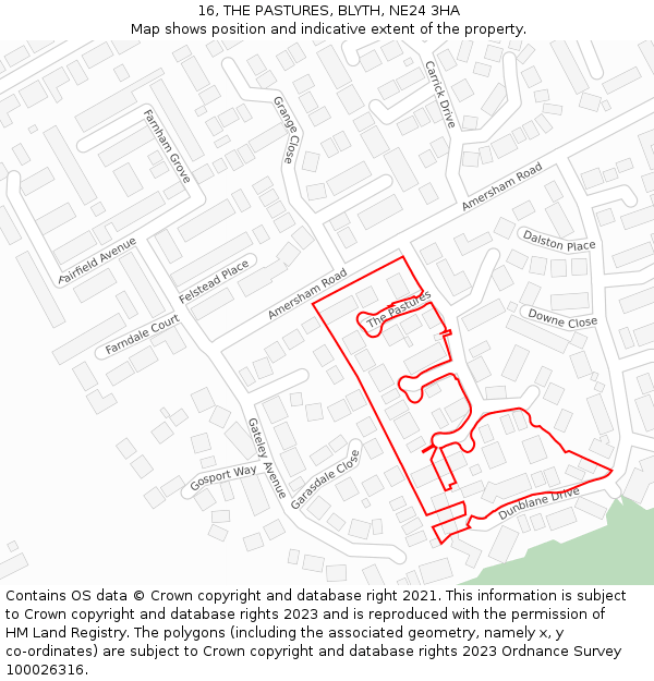 16, THE PASTURES, BLYTH, NE24 3HA: Location map and indicative extent of plot