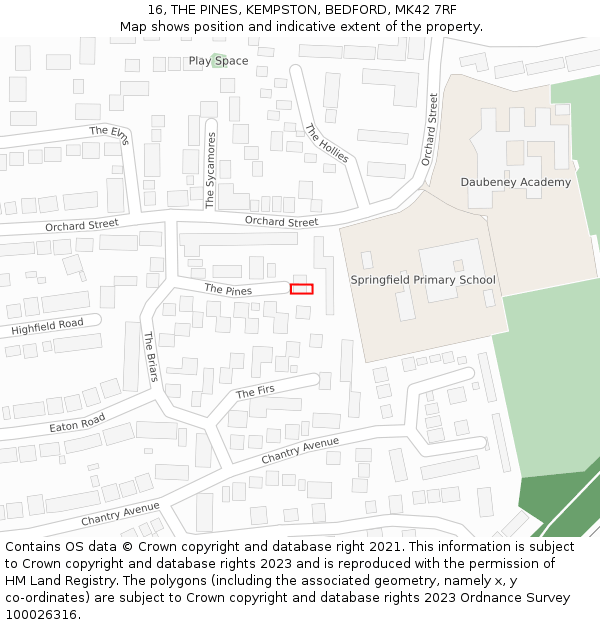 16, THE PINES, KEMPSTON, BEDFORD, MK42 7RF: Location map and indicative extent of plot