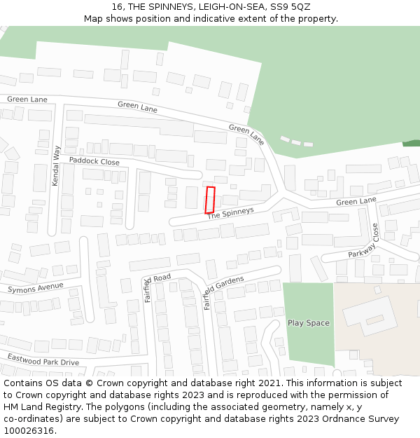 16, THE SPINNEYS, LEIGH-ON-SEA, SS9 5QZ: Location map and indicative extent of plot