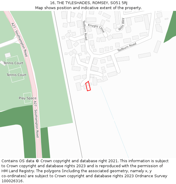 16, THE TYLESHADES, ROMSEY, SO51 5RJ: Location map and indicative extent of plot