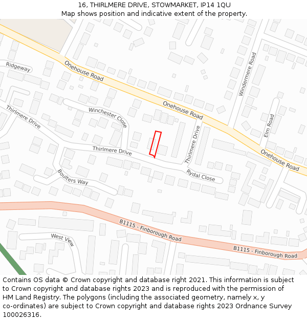 16, THIRLMERE DRIVE, STOWMARKET, IP14 1QU: Location map and indicative extent of plot