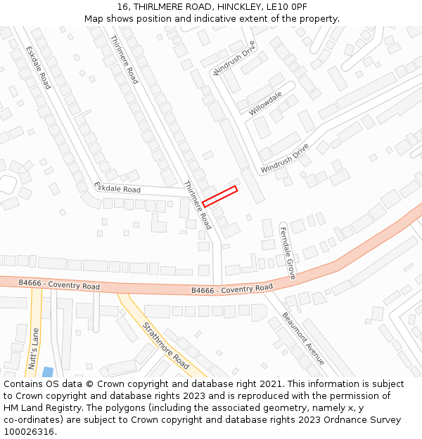 16, THIRLMERE ROAD, HINCKLEY, LE10 0PF: Location map and indicative extent of plot