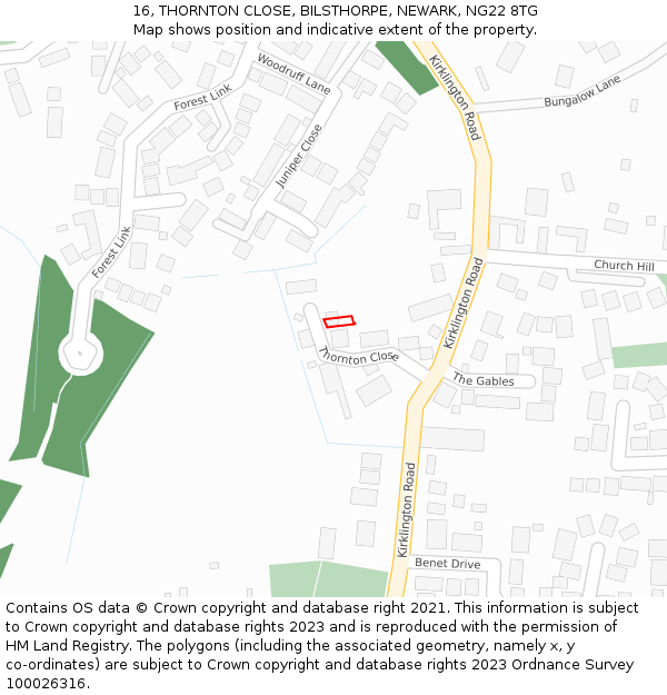 16, THORNTON CLOSE, BILSTHORPE, NEWARK, NG22 8TG: Location map and indicative extent of plot