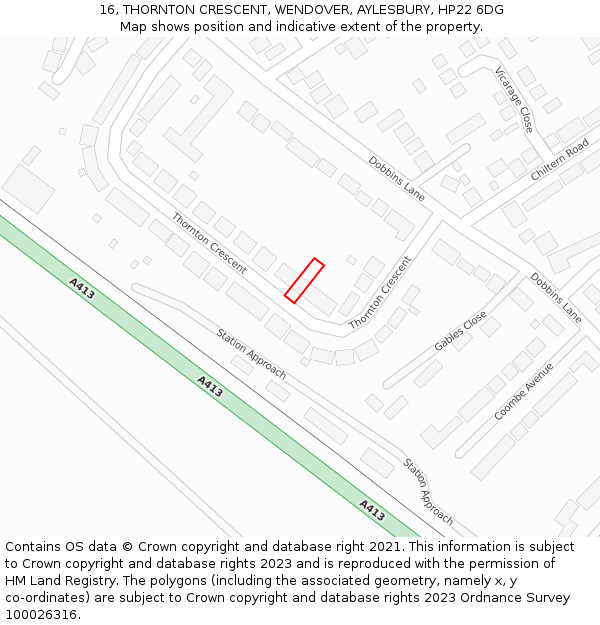 16, THORNTON CRESCENT, WENDOVER, AYLESBURY, HP22 6DG: Location map and indicative extent of plot