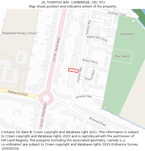 16, TIVERTON WAY, CAMBRIDGE, CB1 3TU: Location map and indicative extent of plot