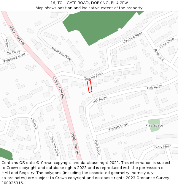 16, TOLLGATE ROAD, DORKING, RH4 2PW: Location map and indicative extent of plot