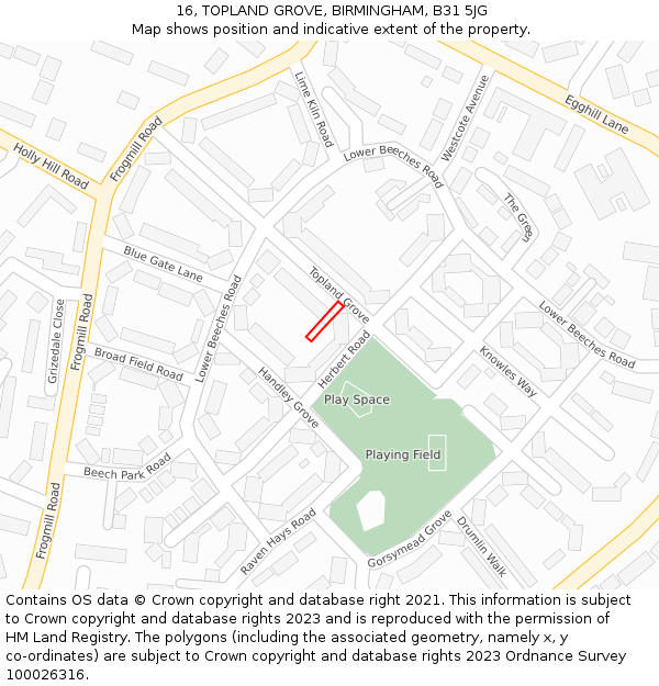 16, TOPLAND GROVE, BIRMINGHAM, B31 5JG: Location map and indicative extent of plot