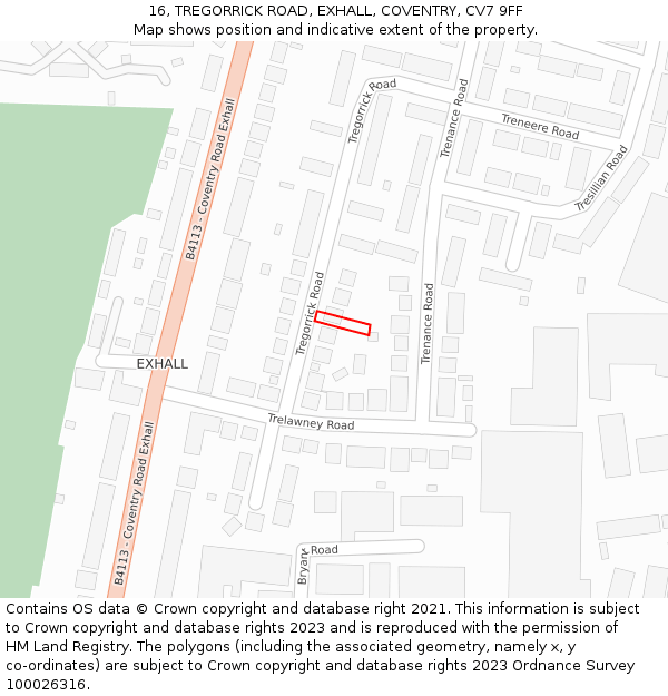 16, TREGORRICK ROAD, EXHALL, COVENTRY, CV7 9FF: Location map and indicative extent of plot