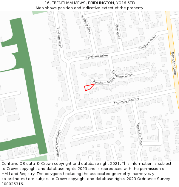 16, TRENTHAM MEWS, BRIDLINGTON, YO16 6ED: Location map and indicative extent of plot