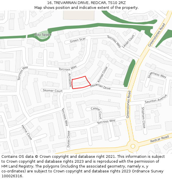 16, TREVARRIAN DRIVE, REDCAR, TS10 2RZ: Location map and indicative extent of plot