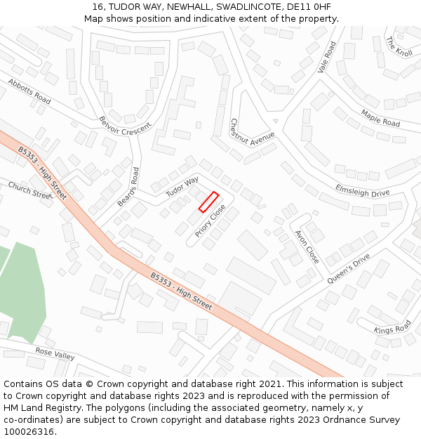 16, TUDOR WAY, NEWHALL, SWADLINCOTE, DE11 0HF: Location map and indicative extent of plot