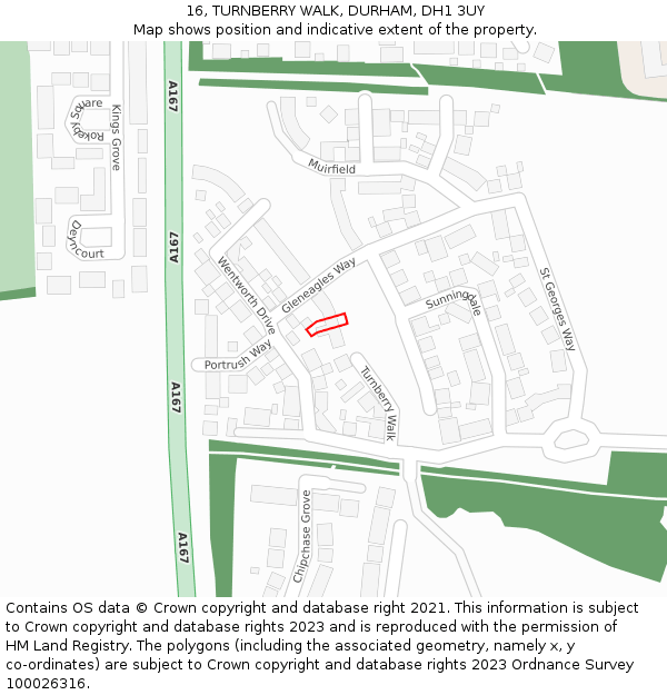 16, TURNBERRY WALK, DURHAM, DH1 3UY: Location map and indicative extent of plot