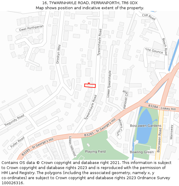 16, TYWARNHAYLE ROAD, PERRANPORTH, TR6 0DX: Location map and indicative extent of plot