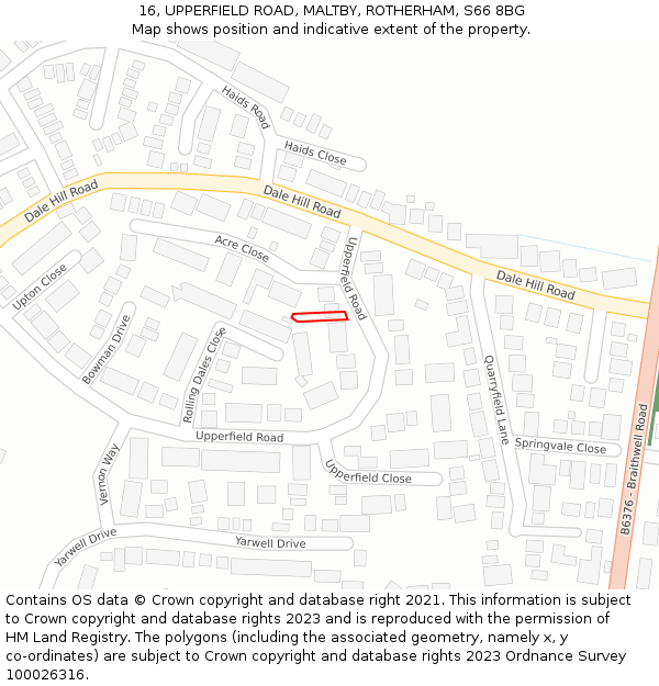 16, UPPERFIELD ROAD, MALTBY, ROTHERHAM, S66 8BG: Location map and indicative extent of plot