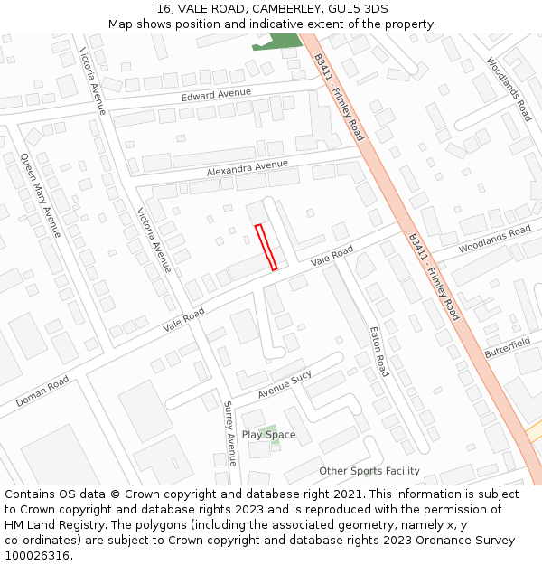 16, VALE ROAD, CAMBERLEY, GU15 3DS: Location map and indicative extent of plot