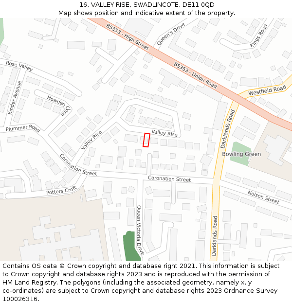 16, VALLEY RISE, SWADLINCOTE, DE11 0QD: Location map and indicative extent of plot