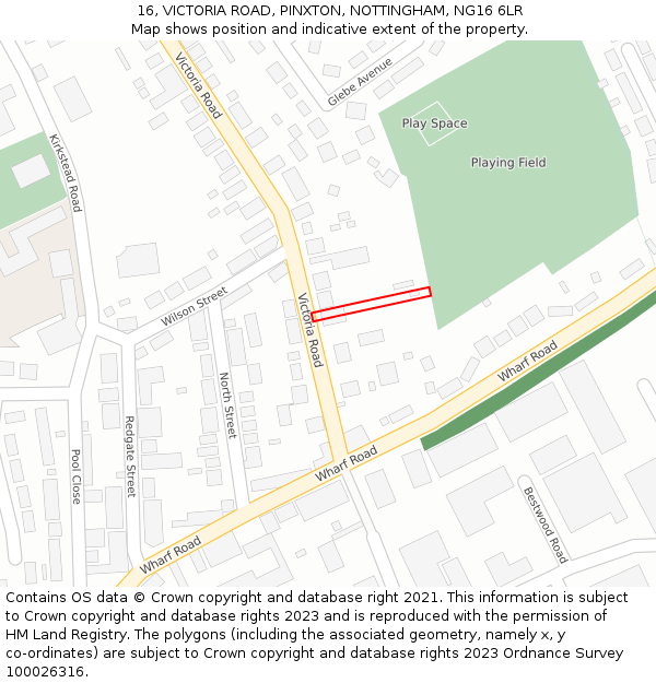 16, VICTORIA ROAD, PINXTON, NOTTINGHAM, NG16 6LR: Location map and indicative extent of plot