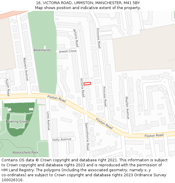 16, VICTORIA ROAD, URMSTON, MANCHESTER, M41 5BY: Location map and indicative extent of plot