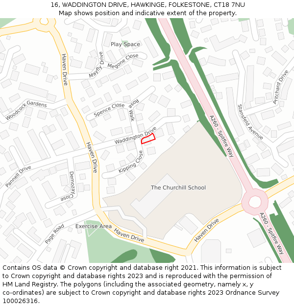 16, WADDINGTON DRIVE, HAWKINGE, FOLKESTONE, CT18 7NU: Location map and indicative extent of plot