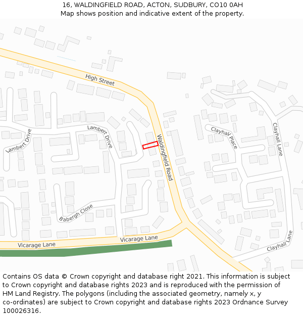 16, WALDINGFIELD ROAD, ACTON, SUDBURY, CO10 0AH: Location map and indicative extent of plot