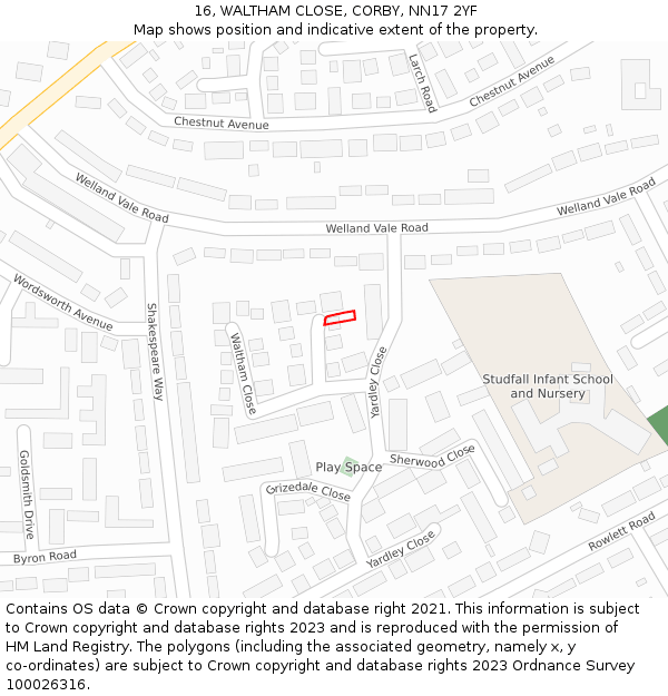 16, WALTHAM CLOSE, CORBY, NN17 2YF: Location map and indicative extent of plot