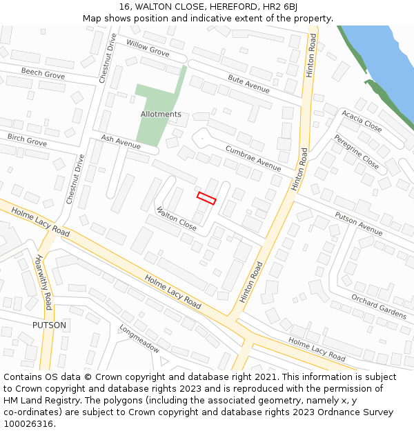 16, WALTON CLOSE, HEREFORD, HR2 6BJ: Location map and indicative extent of plot