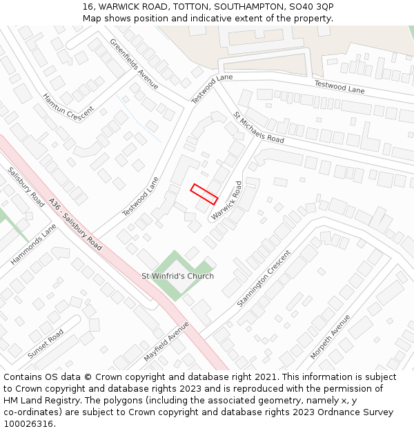 16, WARWICK ROAD, TOTTON, SOUTHAMPTON, SO40 3QP: Location map and indicative extent of plot