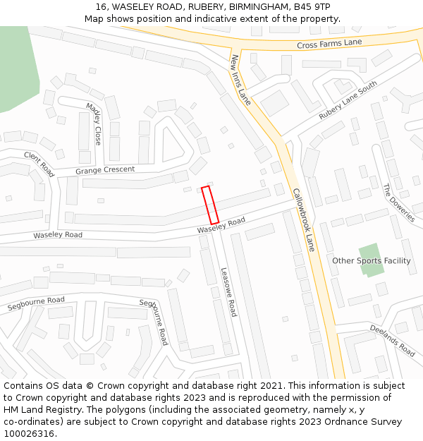 16, WASELEY ROAD, RUBERY, BIRMINGHAM, B45 9TP: Location map and indicative extent of plot