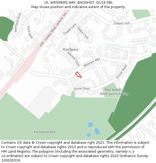 16, WATERERS WAY, BAGSHOT, GU19 5BL: Location map and indicative extent of plot