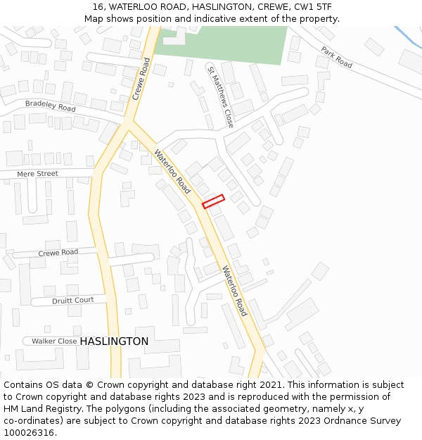 16, WATERLOO ROAD, HASLINGTON, CREWE, CW1 5TF: Location map and indicative extent of plot