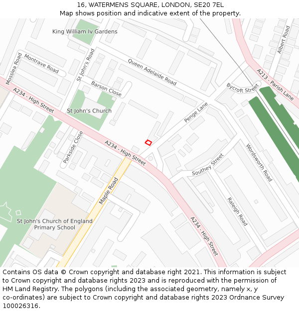 16, WATERMENS SQUARE, LONDON, SE20 7EL: Location map and indicative extent of plot